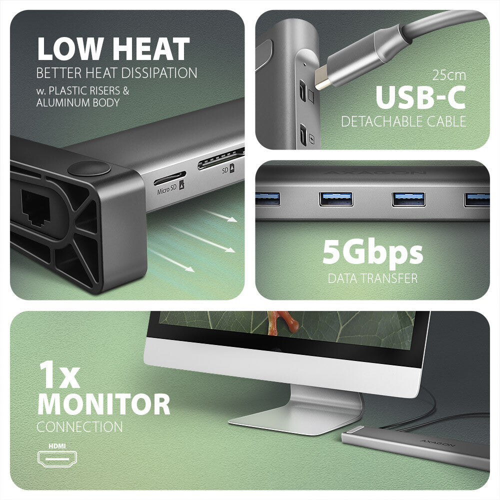 Axagon HMC-10HLS dockingstation Ledningsført USB 3.2 Gen 1 (3.1 Gen 1) Type-C Sort, Grå