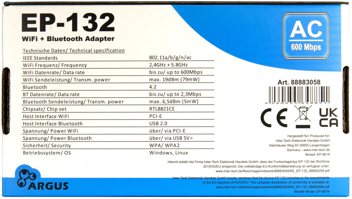 Argus EP-132 Netværksadapter Trådløs USB 2.0 600Mbps Wi-Fi 5