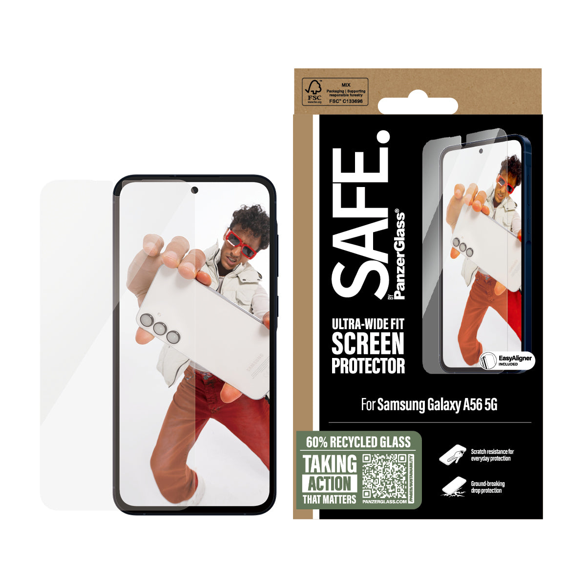 PanzerGlass SAFE. by ® Skærmbeskyttelse Samsung Galaxy new A55 5G | Ultra-Wide Fit w. Aligner