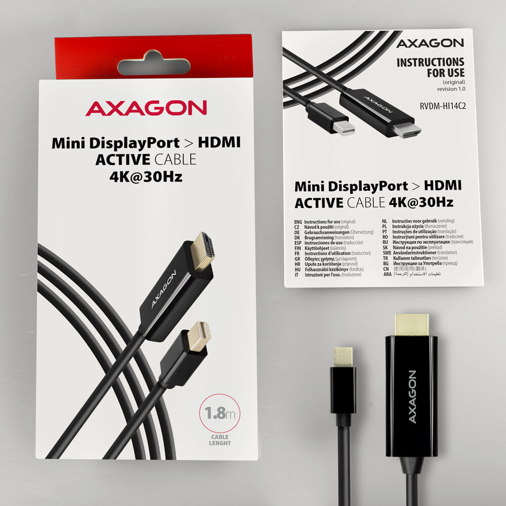 Axagon RVDM-HI14C2 Mini-DisplayPort zu HDMI Adapterkabel 4K/30 Hz 180 cm lang - Kabel - Digital/Display/Video 1,8 m Mini DisplayPort Sort