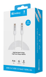 Sandberg 136-75 USB-kabel USB 3.2 Gen 2 (3.1 Gen 2) 3 m USB C 10 Gbit/sek. 100 W Hvid