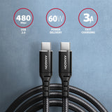 Axagon Data and charging USB 2.0 cable 1.5 m long. PD 60W, 3A. Black braided. USB-kabel 1,5 m USB C 0,48 Gbit/sek. Sort