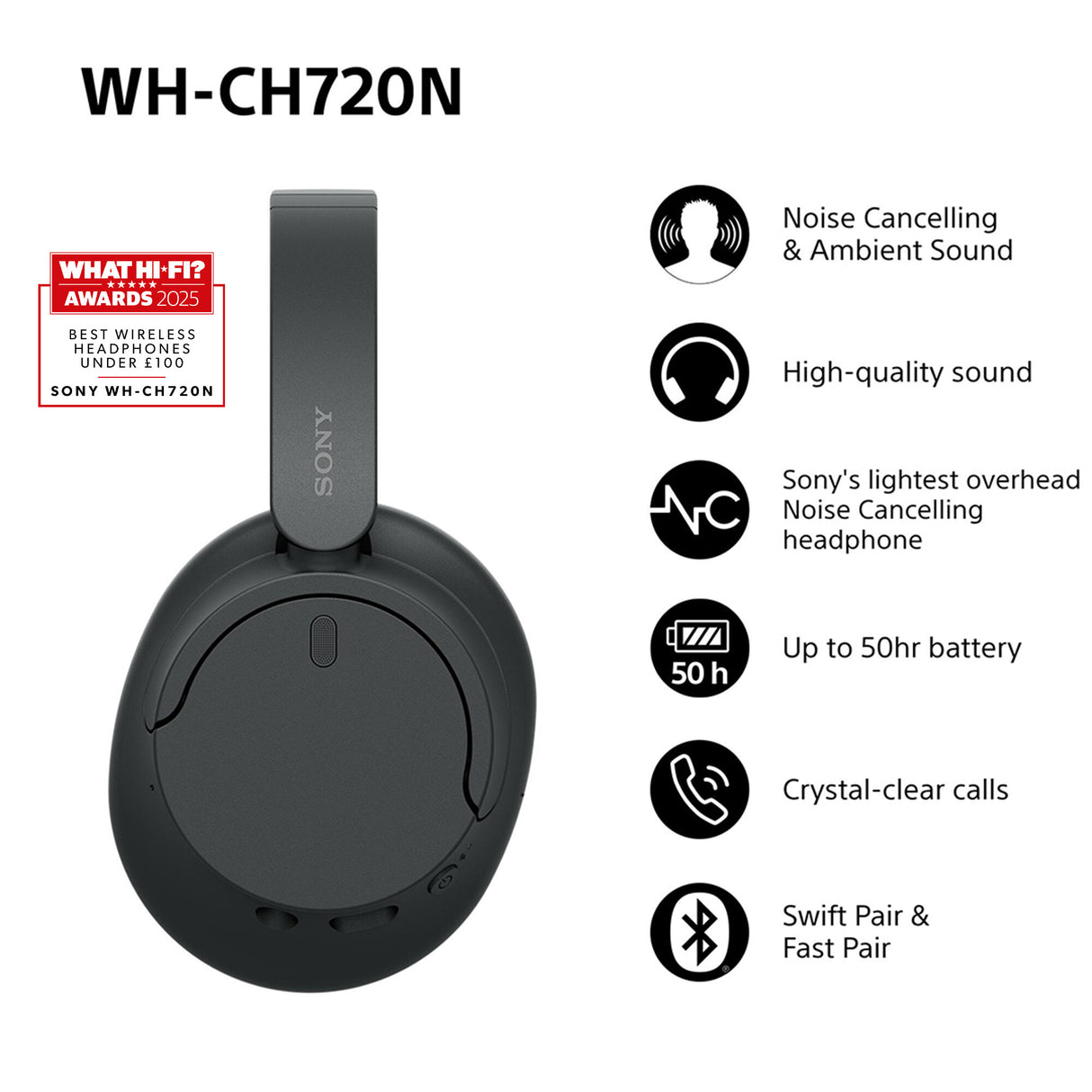 Sony WH-CH720 Headset Kabel & trådløs Opkald/musik USB Type-C Bluetooth Sort