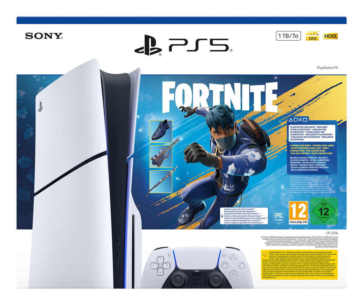 Sony PlayStation 5 - Fortnite Flowering Chaos Bundle 1 TB Wi-Fi Sort, Hvid