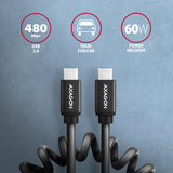 Axagon Data and charging USB 2.0 cable 1.1 m long. PD 60W, 3A. Black twisted. USB-kabel 1,1 m USB C 0,48 Gbit/sek. Sort