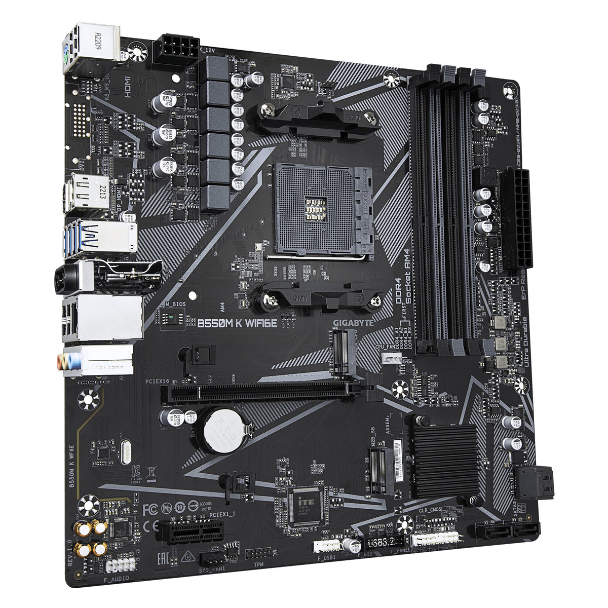 GIGABYTE B550M K WIFI6E Motherboard - AMD Ryzen 5000 CPUs, up to 4733MHz DDR4, 1xPCIe 4.0 + 1xPCIe 3.0 M.2, WIFI 6E, 1GbE LAN, USB 3.2 Gen 1