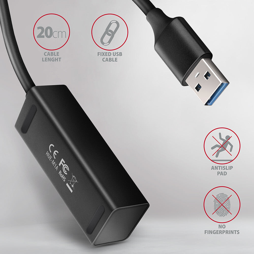 Axagon HUE-M1A interface hub USB 3.2 Gen 1 (3.1 Gen 1) Type-A 5000 Mbit/s Sort