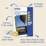 Epson A4 Premium Semigloss Photo Paper 251gsm, 20 sheets