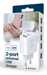 Gembird TA-UC-2AC12-01 oplader til mobil enhed Smartphone, SmartWatch, Tablet Hvid Vekselstrøm Indendørs