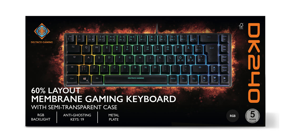 Deltaco Gaming DK240 60% keyboard, semi transparent case bla