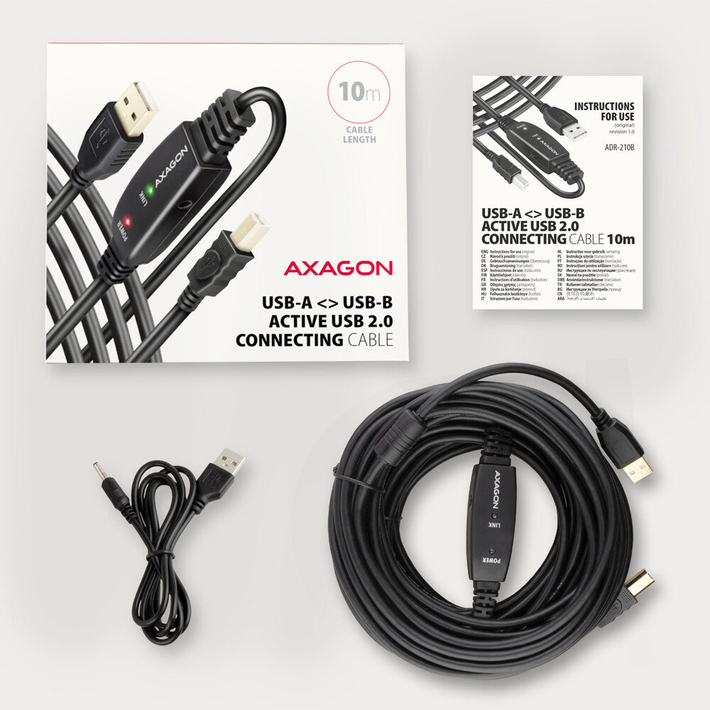 Axagon ADR-210B USB 2.0 A-M -> B-M active connecting/repeater cable 10m - Kabel - Digital/Daten USB-kabel USB A USB B 0,48 Gbit/sek. Sort