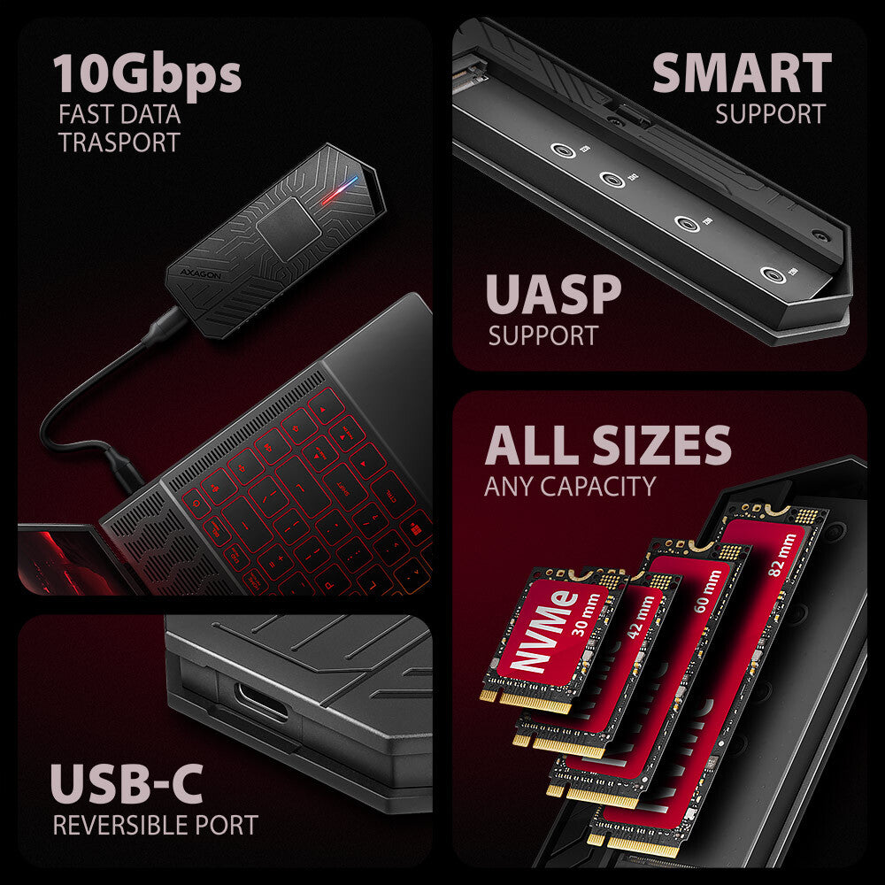 Axagon EEM2-GAM, USB-C 10Gbps - NVMe & SATA SSD GAME M.2 box, bezšroubkový SSD kabinet Sort