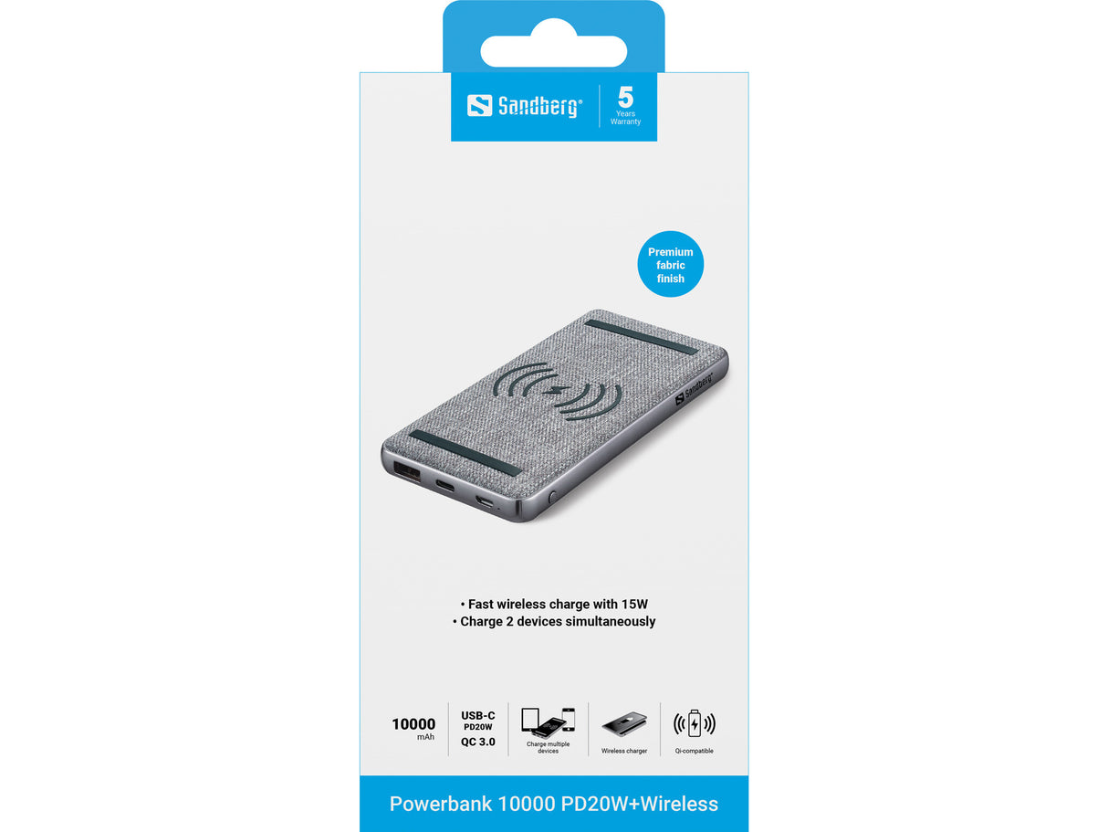 Sandberg 420-61 powerbank Lithium polymer (LiPo) 10000 mAh Trådløs opladning Sort, Grå