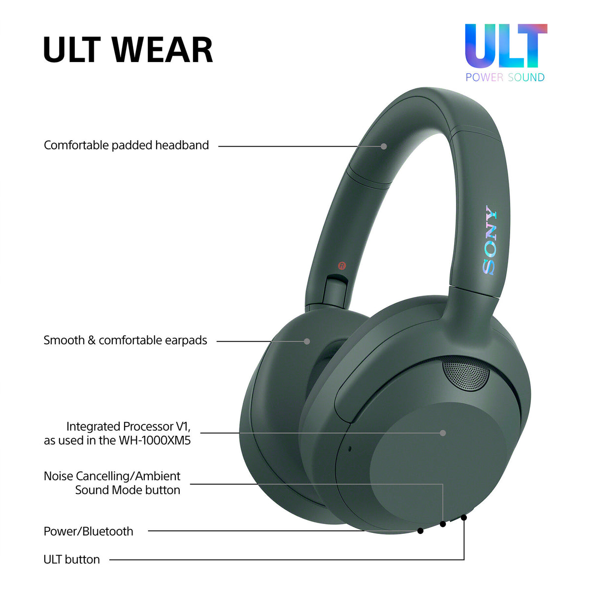 Sony WHULT900NH Headset Kabel & trådløs Opkald/musik Bluetooth Grøn