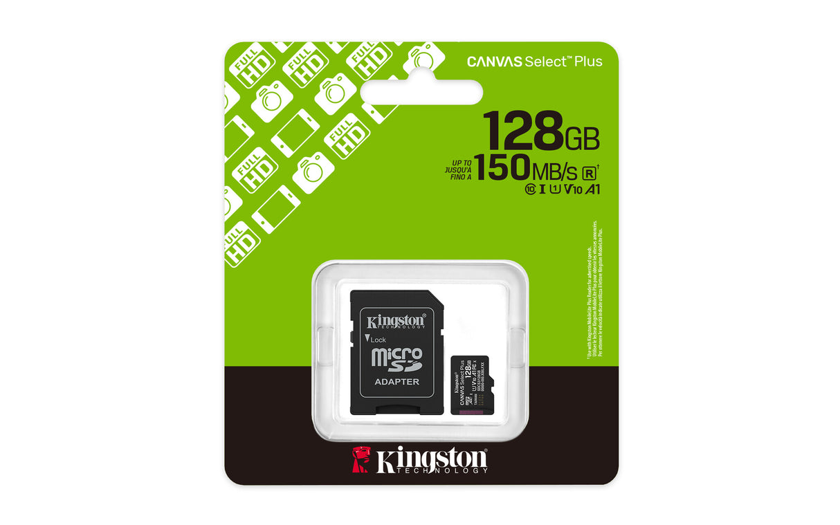 Kingston Technology 128 GB microSDXC Canvas Select Plus Gen3 150 MB/s A1-kort + adapter