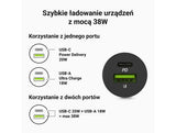 Green Cell GC CADM-GC-38AC - USB-Ladegeraet 38 W 1x USB-C USB-A schwarz Flashlight, GPS, Headphones, Mobile phone, Navigator, Other, Portable speaker, Power bank, Smartphone, Smartwatch, Tablet, Universal Black Cigar lighter Fast charging Auto, Indoo