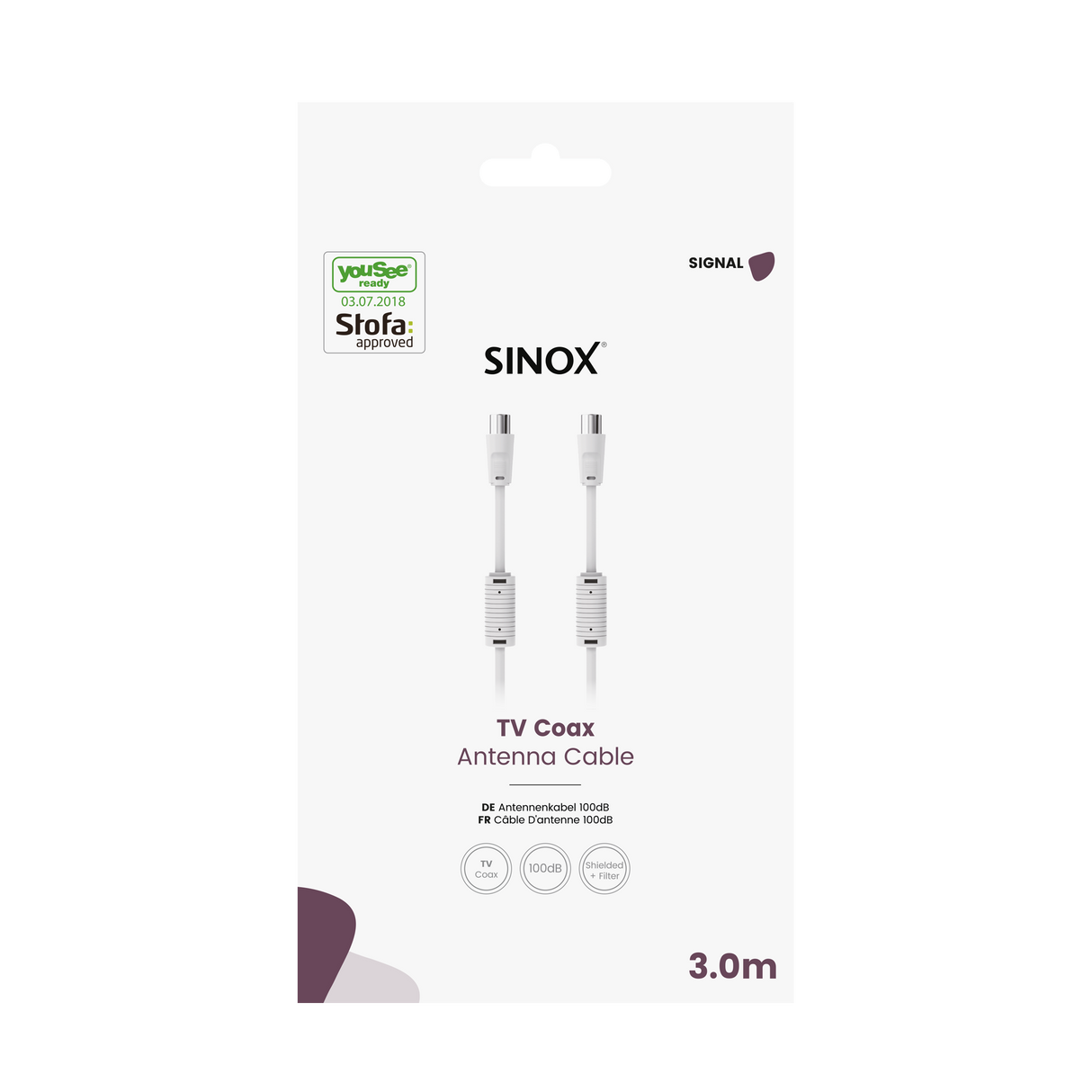 Sinox antennekabel. YouSee & Stofa godkendt. 5m. Hvid