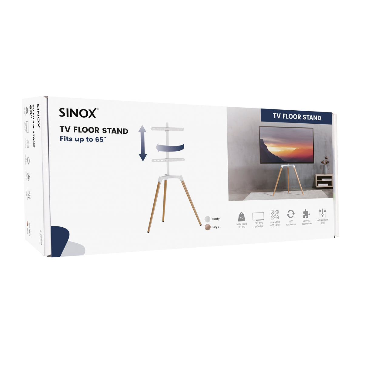 Sinox Tripod TV gulvstand med drejbar top. 50"-65". Lyst træ/hvid