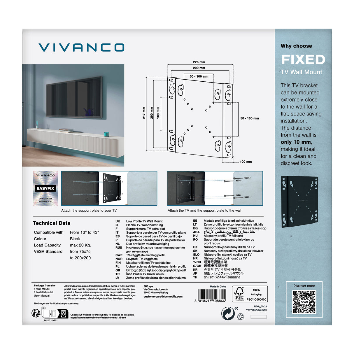 Vivanco TV-vægbeslag, FLAT, 43", 20 kg ,VESA 200x200