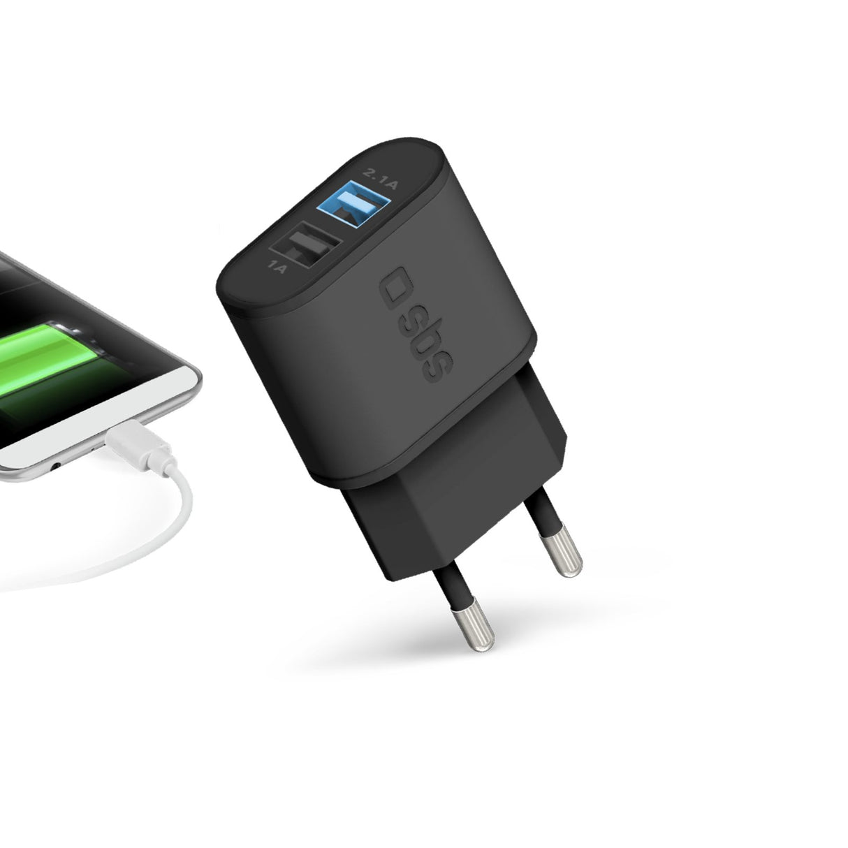 SBS 3100 mAh oplader. 2.1A + 1A. Sort