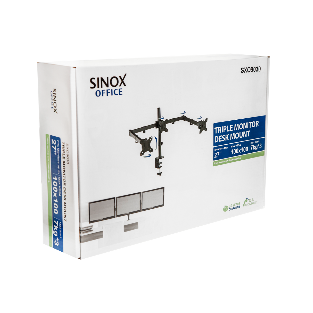 Sinox Office tredobbelt skærm skrivebordsbeslag. Op til 27". Sort