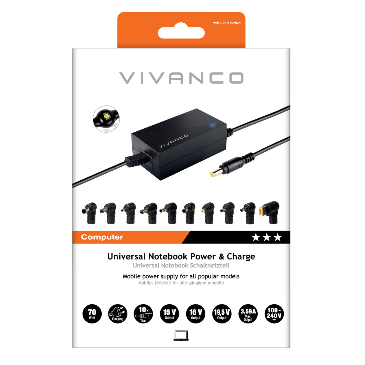 Vivanco Universal-strømforsyning til notebooks og netbooks, 70W