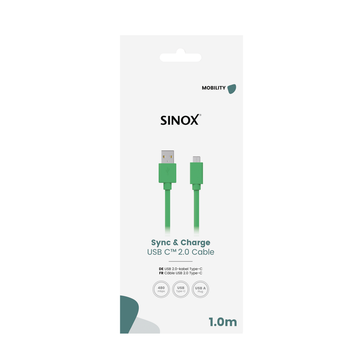 Sinox USB C til USB A kabel. 1m. Green