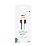 Sinox USB C kabel. 2m. Sort