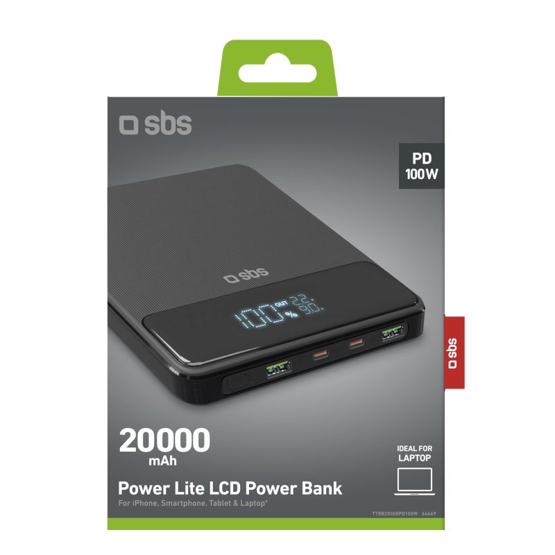 SBS Ultra-slim, 20.000 mAH, 100 Watt powerbank. Sort