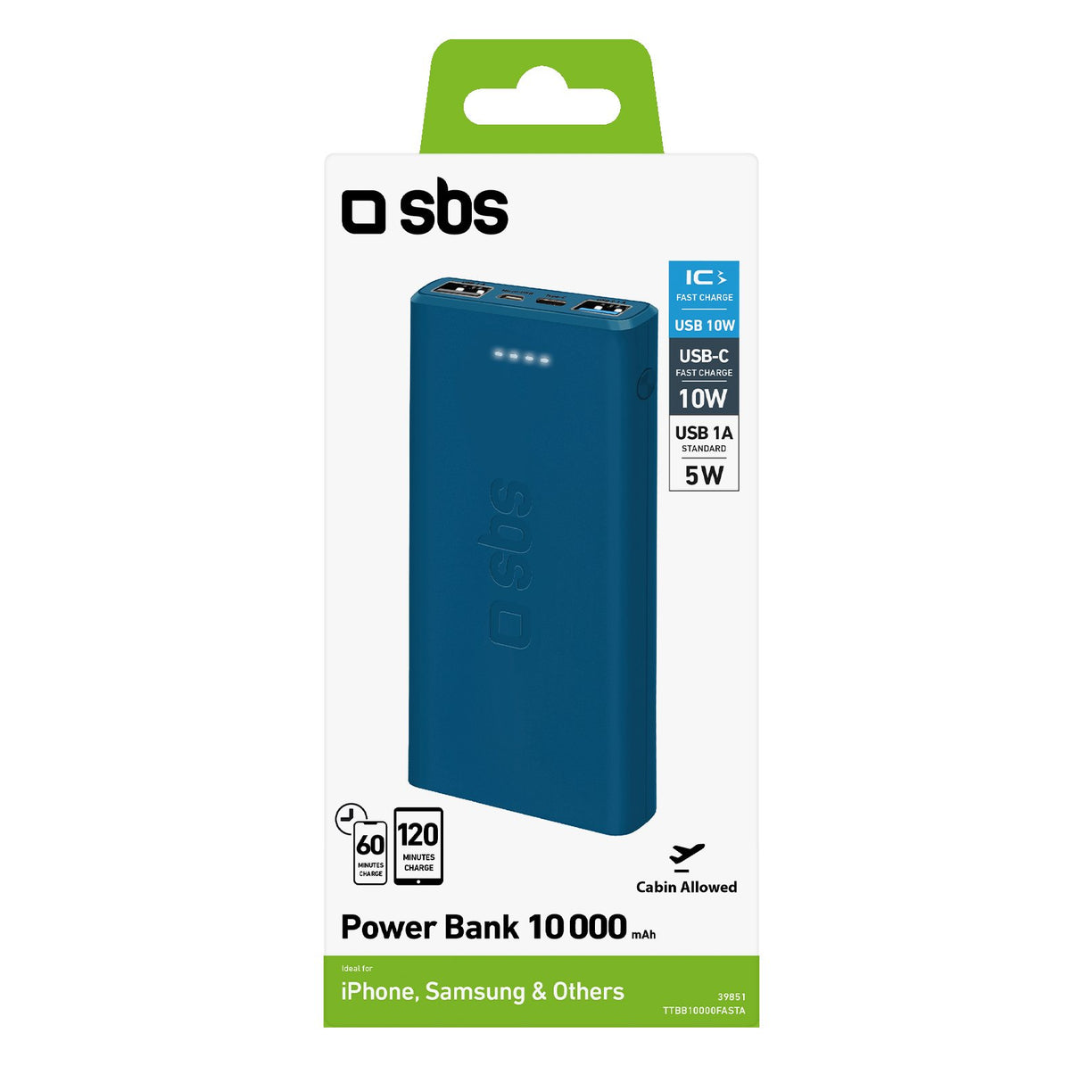 SBS hurtigtopladende powerbank. 10,000 mAh. Blå