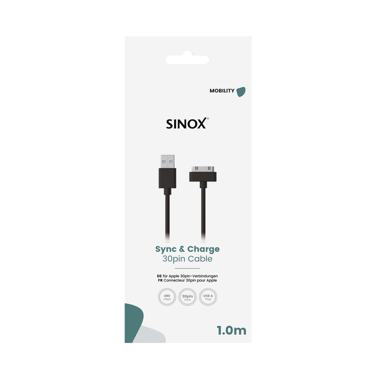 Sinox Apple™ 30-pin kabel. 2m. Hvid