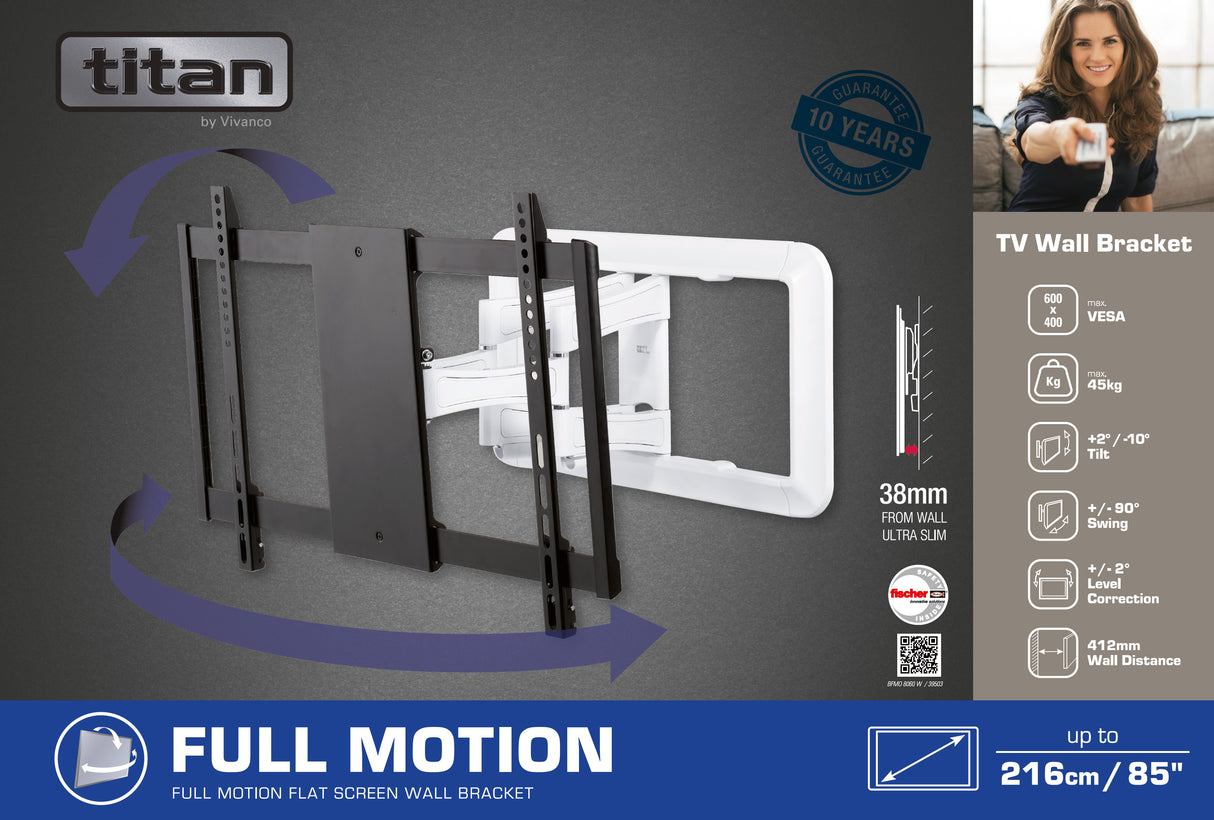 Vivanco TITAN TV-vægbeslag, MOTION, 85", 45 kg, HVID, VESA 600x400