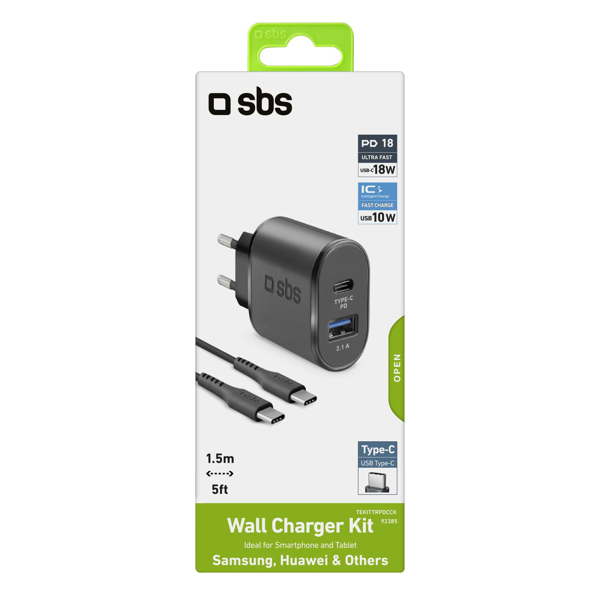 SBS 18W oplader. USB-C kabel. Sort