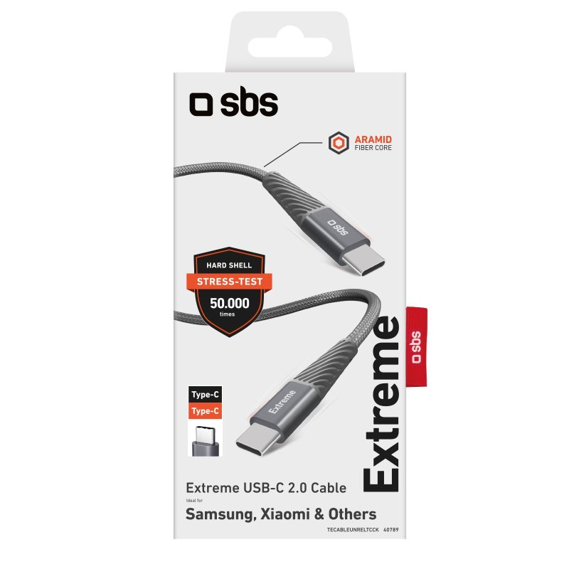 SBS USB-C - USB-C Aramid Fibre-kabel. Grå