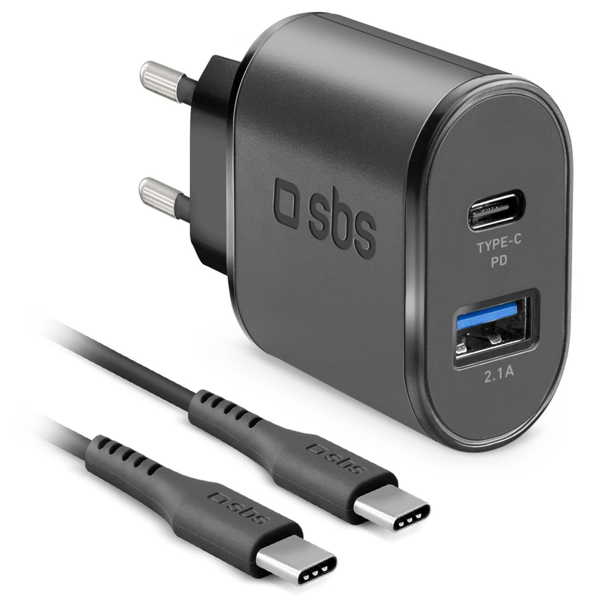 SBS 18W oplader. USB-C kabel. Sort