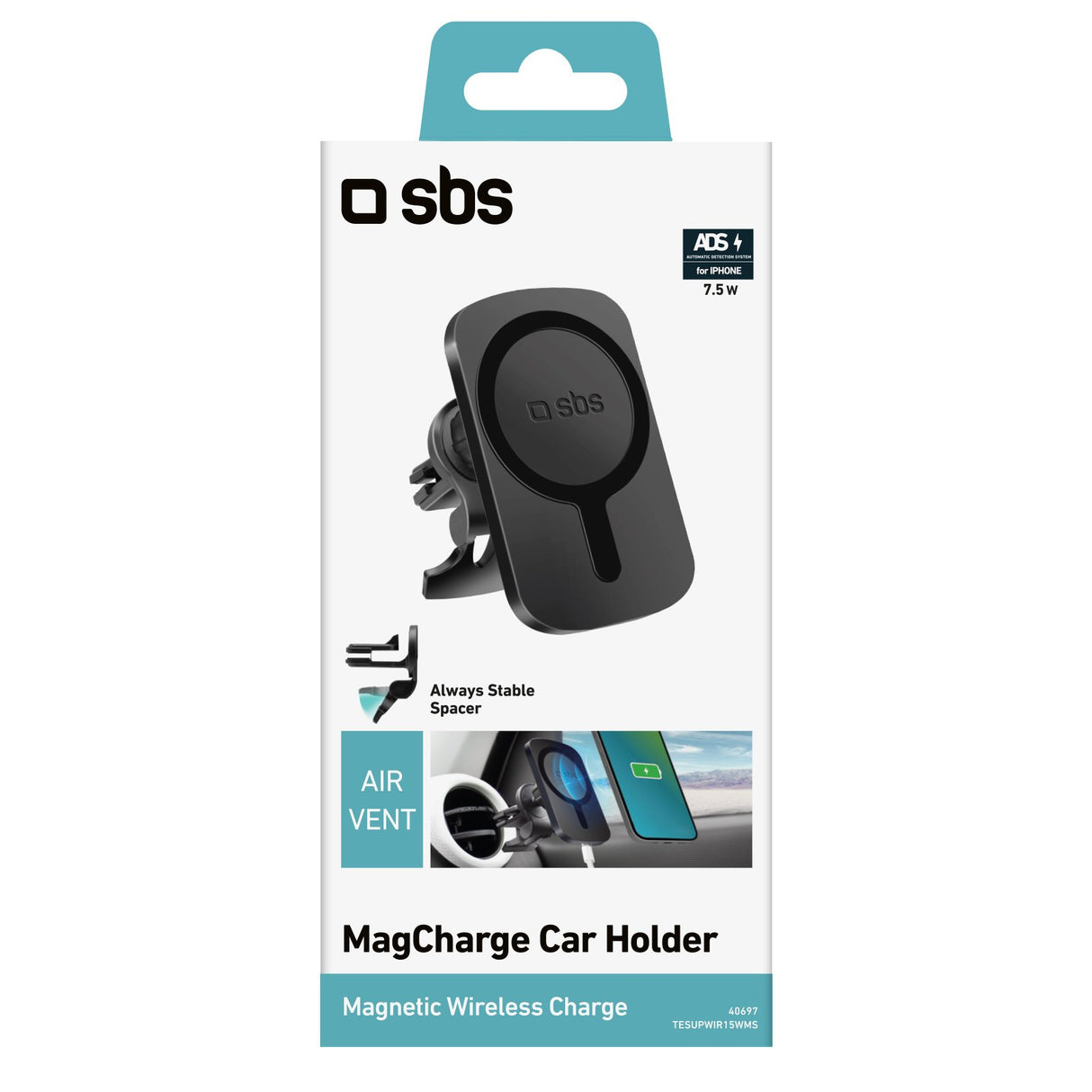 SBS magnetisk mobilholder og trådløs MagSafe™ oplader til bilen. Sort