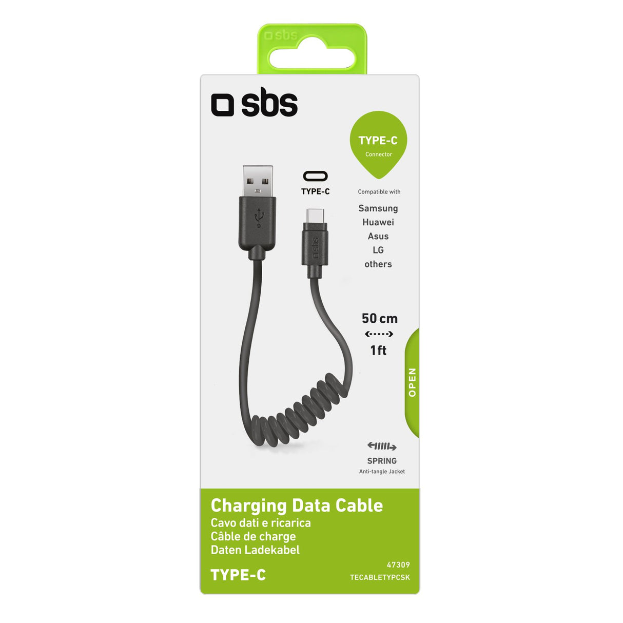 SBS data- og opladning spiralkabel USB 2.0 - USB C. 17-50cm. Sort