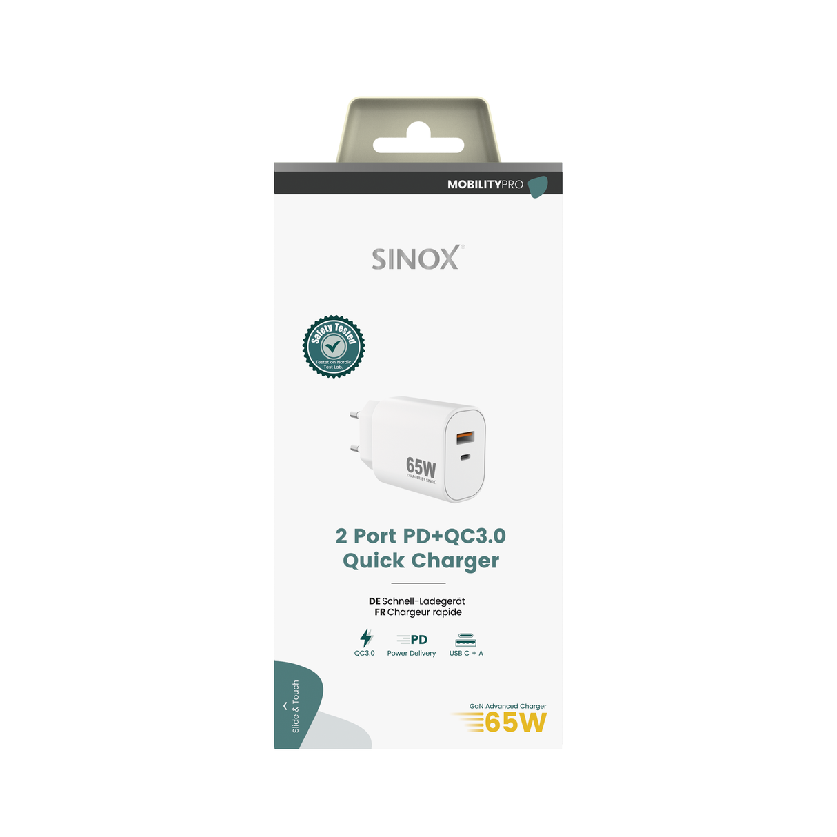 Sinox PRO 230V USB-A+USB-C PD oplader 65W. Hvid