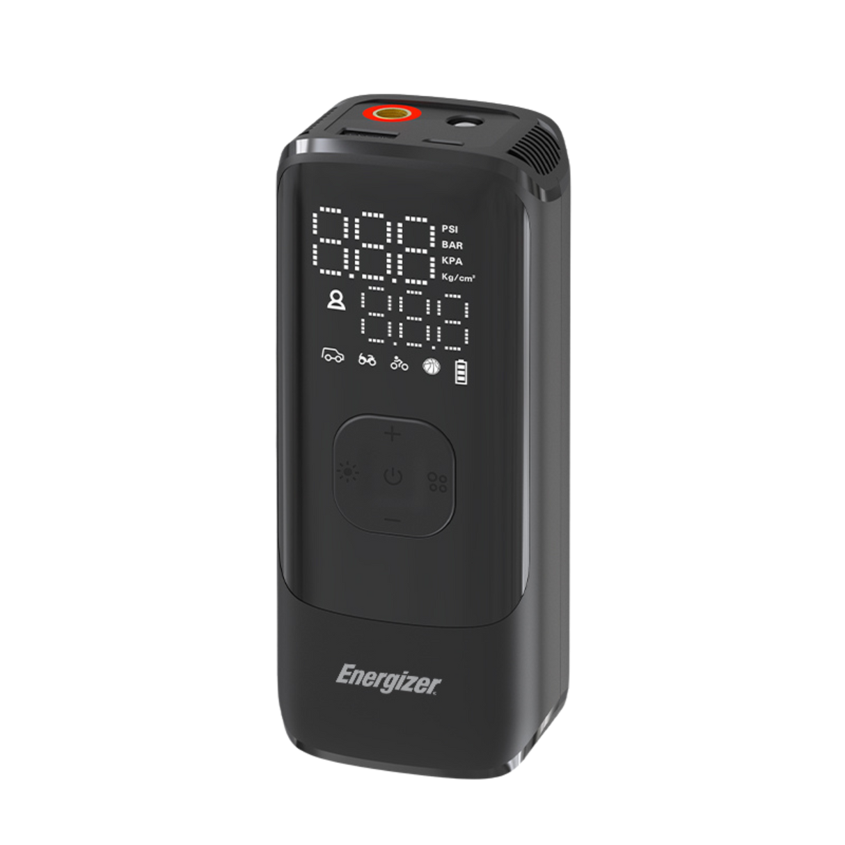 Energizer højtydende dækpumpe med 150 PSI max tryk. Sort