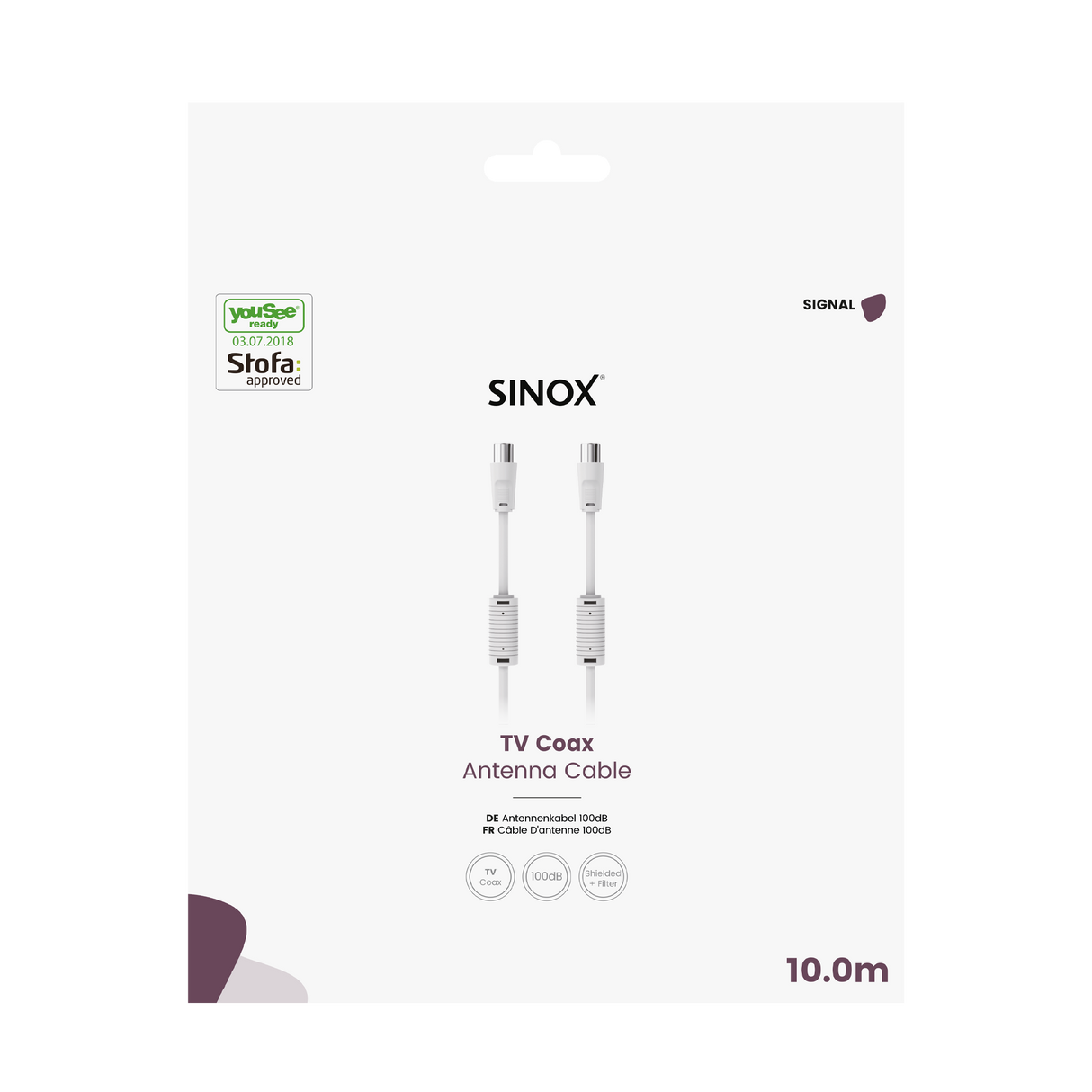 Sinox antennekabel. YouSee & Stofa godkendt. 10m. Hvid