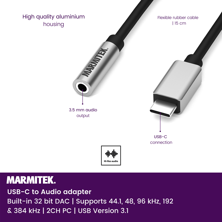 Marmitek USB-C til AUX adapter. 0,15m