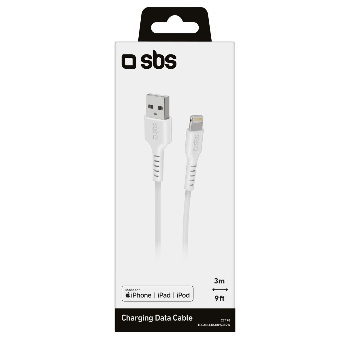SBS Lightning kabel. 3m. Hvid