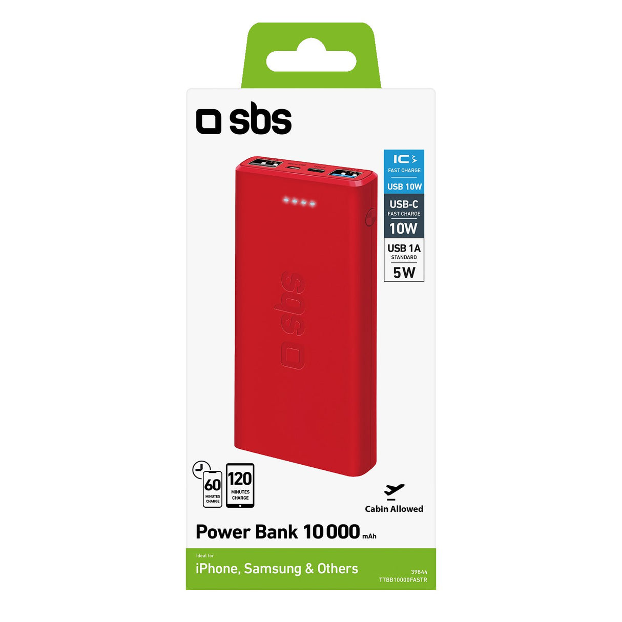 SBS hurtigtopladende powerbank. 10,000 mAh. Rød