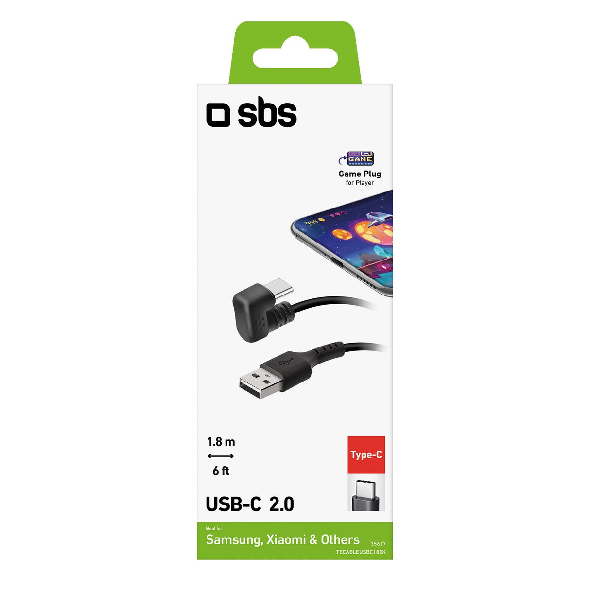 SBS USB A til USB C 180° kabel. Sort