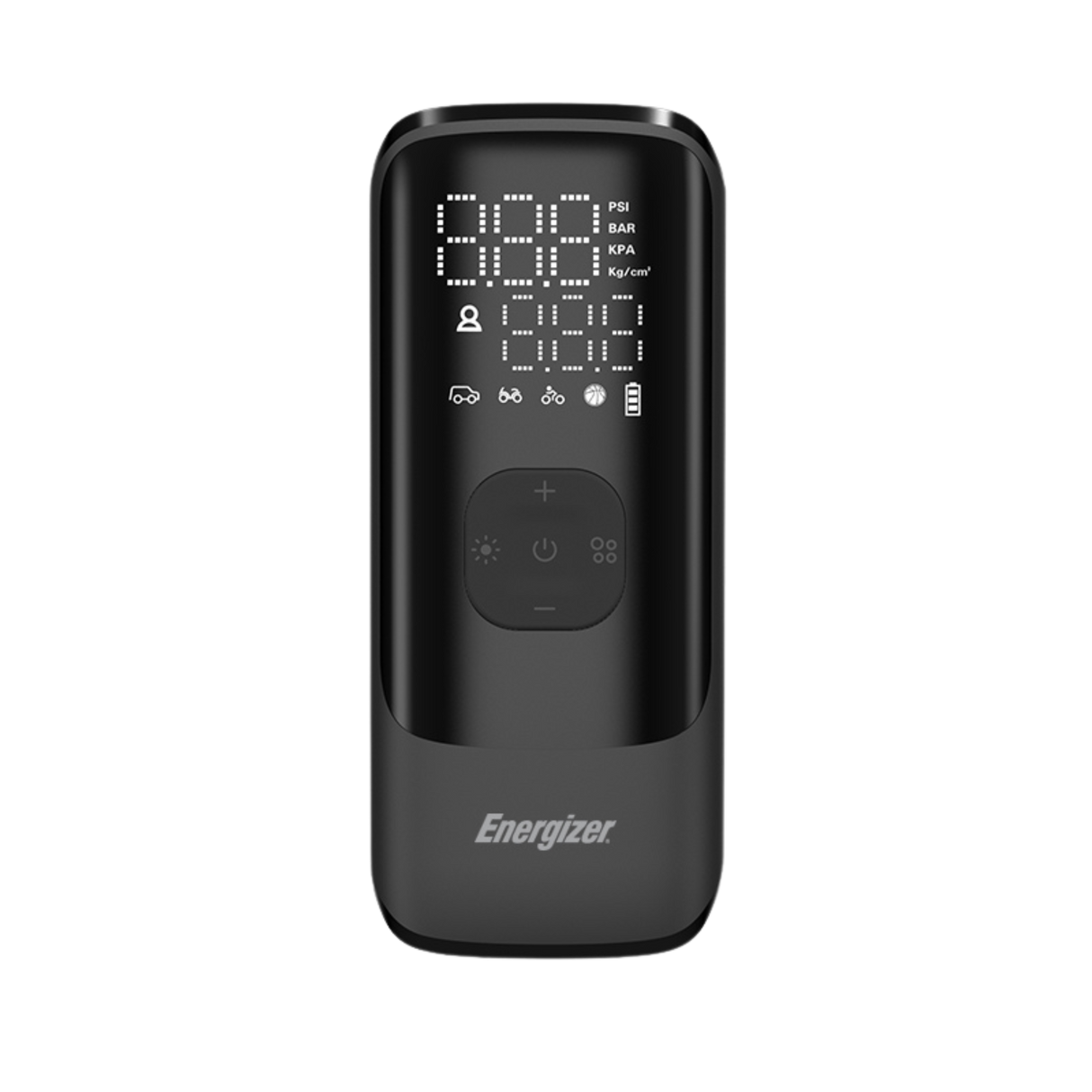 Energizer højtydende dækpumpe med 150 PSI max tryk. Sort