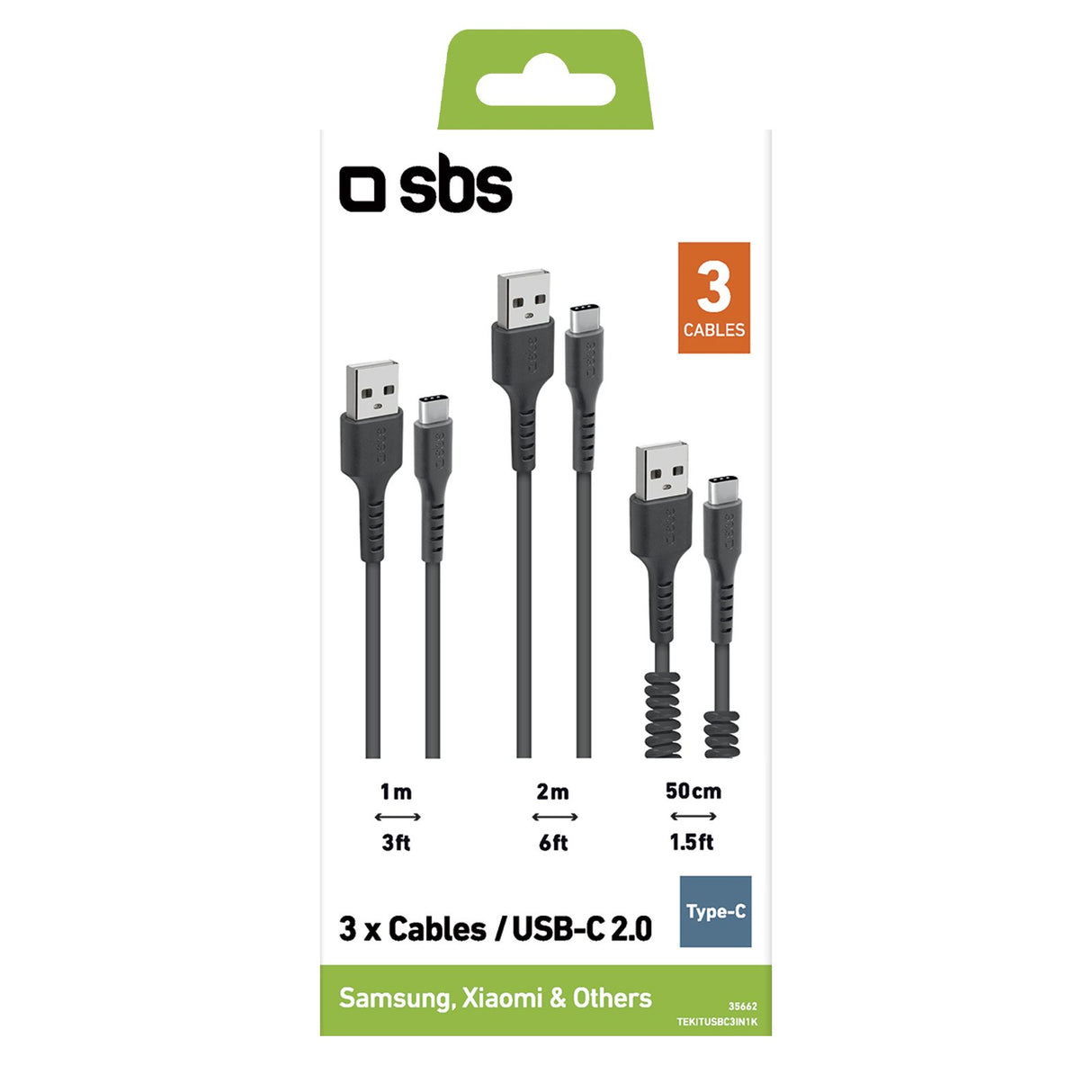 SBS 3-pak USB C kabler. Sort