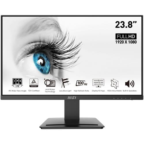 MSI Pro MP243X 23.8 Inch Monitor, Full HD (1920 x 1080), 100Hz, IPS, 4ms, HDMI, DisplayPort, Built-in Speakers, Anti-Glare, Anti-Flicker, Less Blue light, TUV Certified, VESA, Kensington, Black