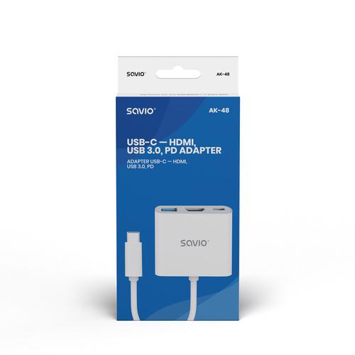 Savio AK-48 USB Typ C - HDMI, USB 3.0, PD, USB Type-C White - Hub - USB 3.0 interface cards/adapter