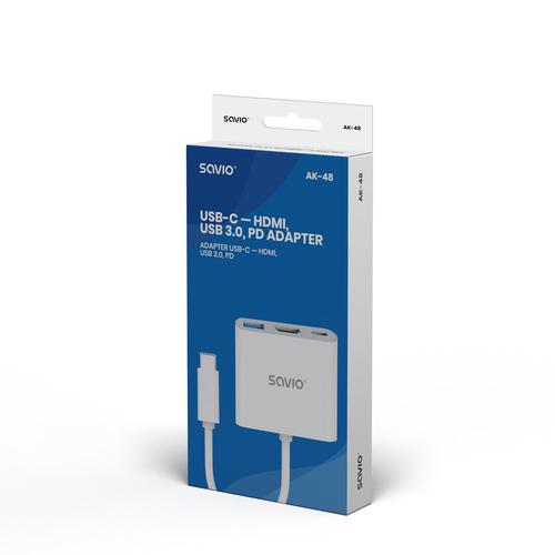 Savio AK-48 USB Typ C - HDMI, USB 3.0, PD, USB Type-C White - Hub - USB 3.0 interface cards/adapter