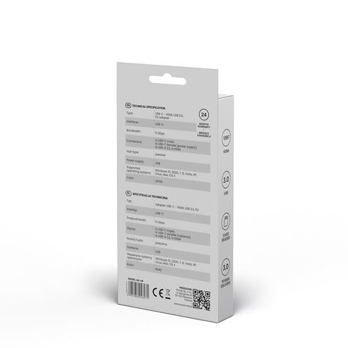 Savio AK-48 USB Typ C - HDMI, USB 3.0, PD, USB Type-C White - Hub - USB 3.0 interface cards/adapter